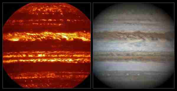 Comparison ofJuno-jüpiter-karanlık_hidrojen-nasa-gezegen VISIR and visible light views of Jupiter